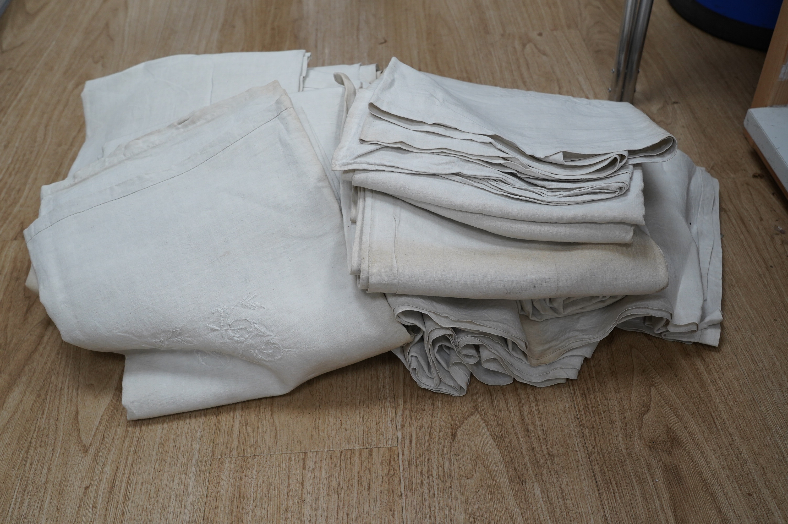 Nine French provincial linen sheets, some monogrammed